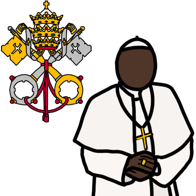 the Holy See's coat of arms (two crossed keys, tied together, with the Papal tiara above them). To the right, a generic figure with dark brown skin, dressed in simple Papal vestments: a white zucchetto skullcap, mozzetta, collar, cassock and sash cincture, along with a gold pectoral cross and ring.